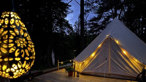 Una tenda con luci a stringa, un patio in legno e una pianta in vaso.