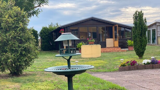 A garden with a birdbath, a wooden house with a porch, and a variety of plants. - Cozy vacation apartment in the hinterland, ideal for cyclists  (Garz)