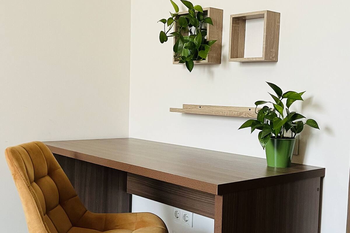 Un espace de travail moderne avec un bureau en bois foncé, une chaise de couleur moutarde et deux plantes en pot posées sur des étagères murales.