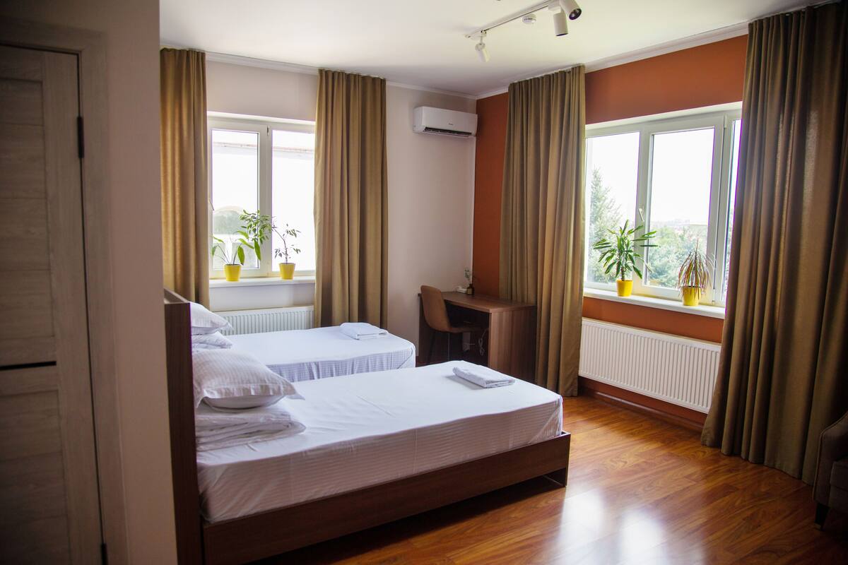 Une chambre d’hôtel avec deux lits, un bureau et des plantes en pot près des fenêtres.