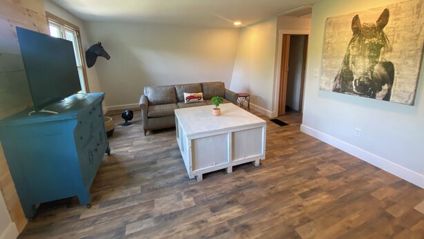 Un salon comprenant un canapé, une table basse, une commode bleue et une décoration représentant une tête de cheval.