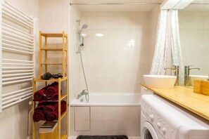 Hair dryer, towels, soap, shampoo
