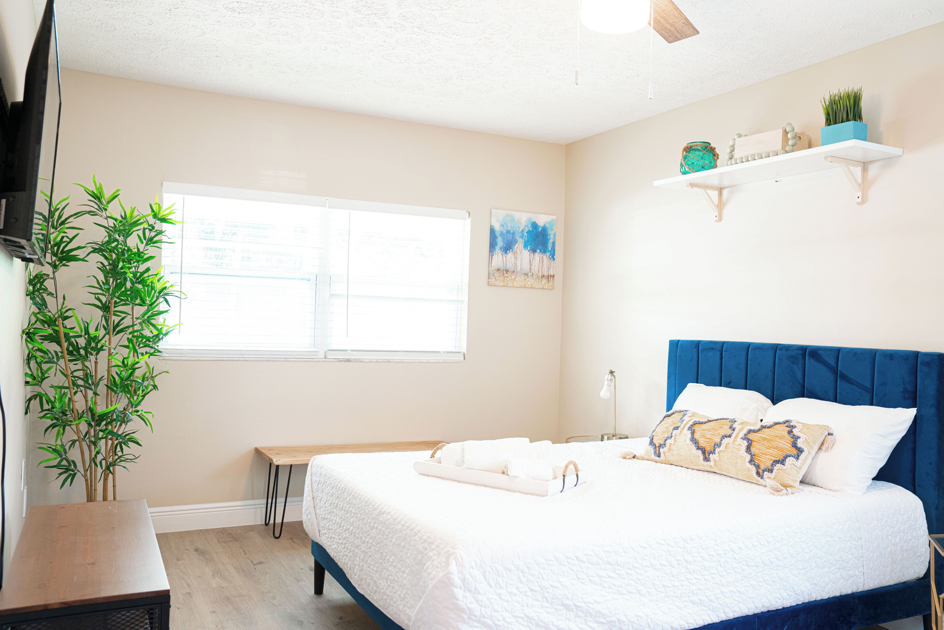 A bedroom with a bed, a window, a plant, and a shelf with decorative items.