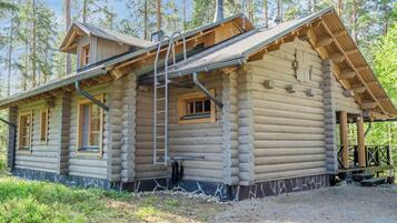 Eine Blockhütte mit Veranda, Schornstein und einer Leiter.