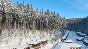 Una baita innevata con chalet in legno e uno sfondo boschivo.