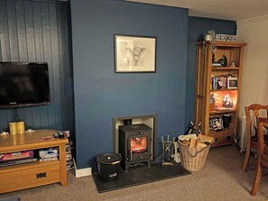 A living room with a TV, fireplace, bookshelf, and a framed picture on the wall.