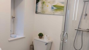 A modern bathroom with a toilet, a glass shower enclosure, and a small shelf with a plant and toilet paper. - Charming 1-bed Studio in Preston (Preston)