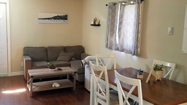 Un salon comprenant un canapé, une table à manger avec des chaises, une table basse et une fenêtre avec des rideaux.