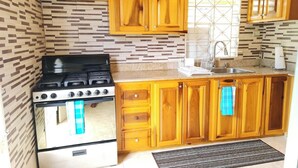 A kitchen with wooden cabinets, a stove, and a sink.