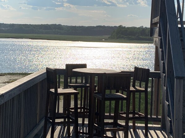 Outdoor dining - Traditional waterfront beach house on Wells Harbor and 50 steps to Wells Beach! (Wells)