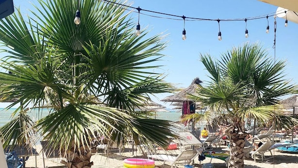 Eine Terrasse am Strand mit Palmen, Liegestühlen und einer strohgedeckten Hütte.