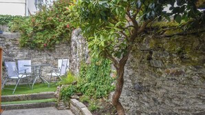 Un cortile con un muro in pietra, un albero e posti a sedere all'aperto.
