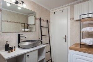 Hair dryer, towels, soap, shampoo
