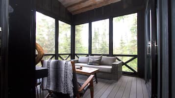 Smart TV, fireplace, books, stereo