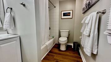 Hair dryer, towels, soap, shampoo