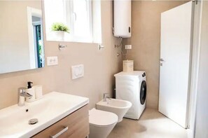 Shower, hair dryer, bidet, towels