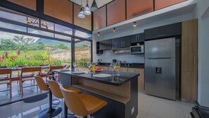Fridge, microwave, stovetop, blender