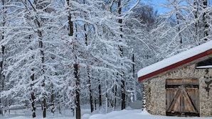 A rustic cabin with a stone exterior and a wooden door, surrounded by snow-covered trees. - The Forge at Torch Lake: near lake access and boat ramp, boat trailer parking (Central Lake)
