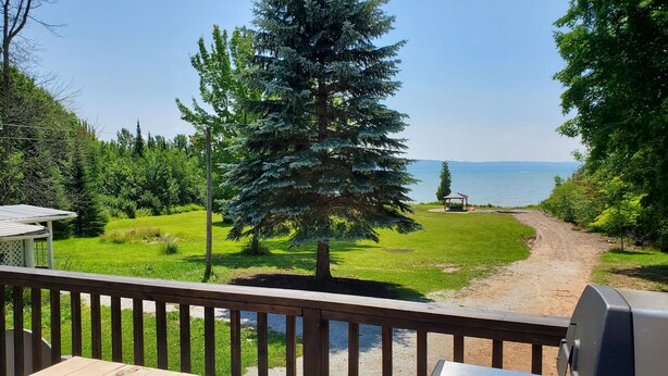Una terraza con mesa y parrilla de madera, con vista a un espacio verde con un camino que lleva a un pabellón junto a un lago.