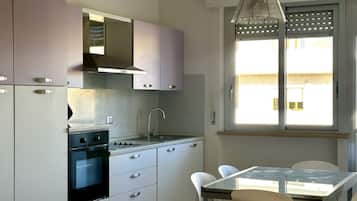 Fridge, oven, dishwasher, dining tables