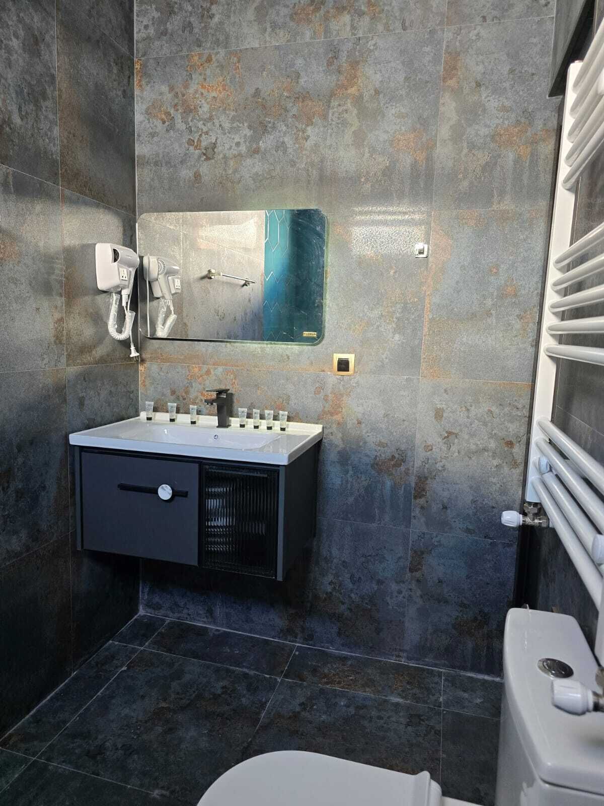 Hair dryer, towels, toilet paper
