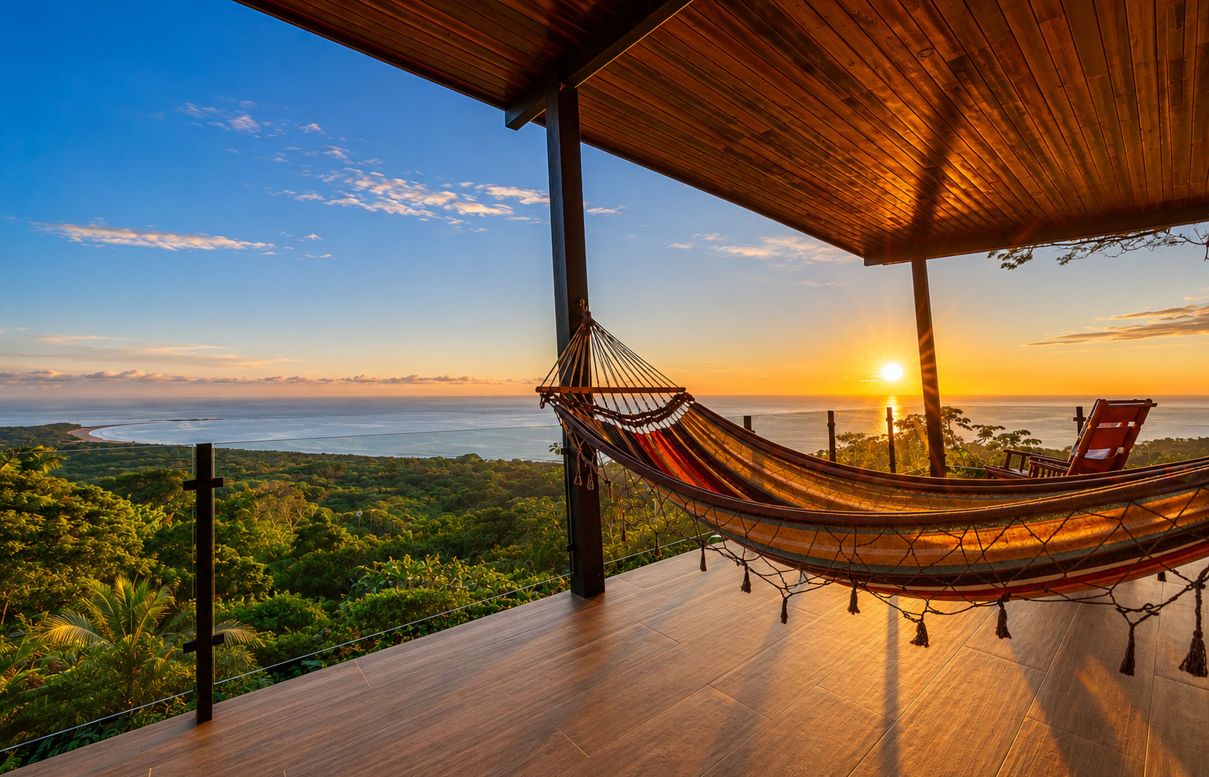 Una hamaca en una terraza de madera con vistas a un paisaje costero al atardecer.