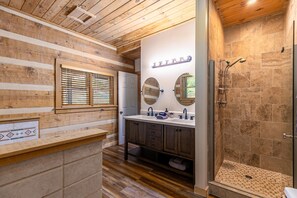 Shower, jetted tub, hair dryer, towels