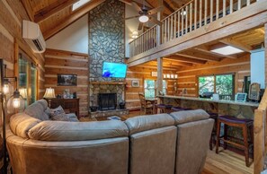 Smart TV, fireplace, video games, DVD player
