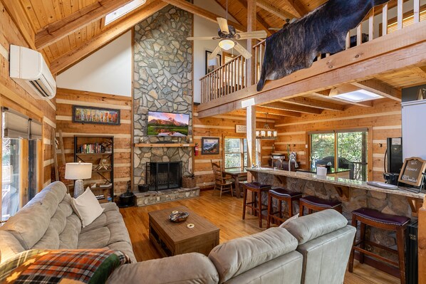 Smart TV, fireplace, video games, DVD player