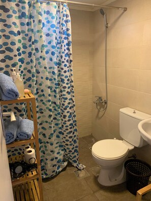 Hair dryer, towels, soap, shampoo