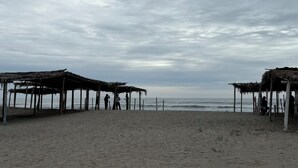 Una playa con construcciones de techo de paja y una orilla arenosa.