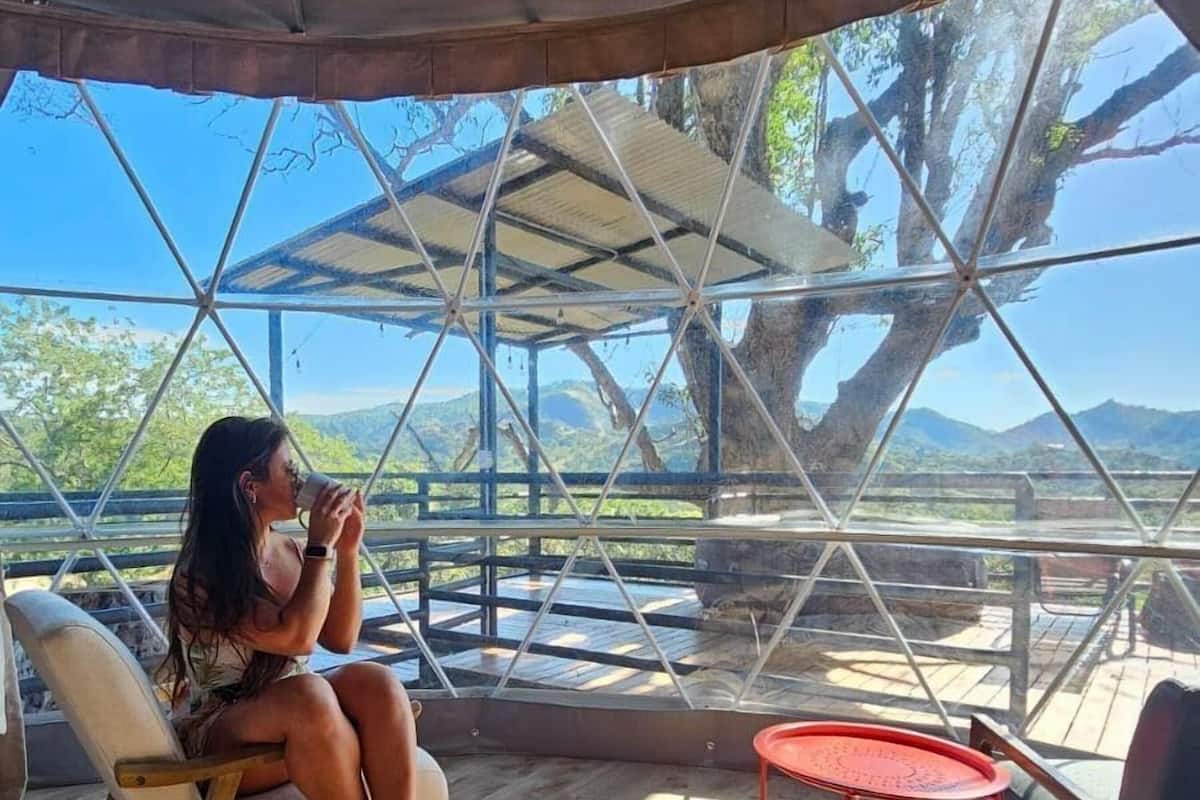 A person sitting on a chair under a canopy, with a view of trees and mountains through a glass structure.