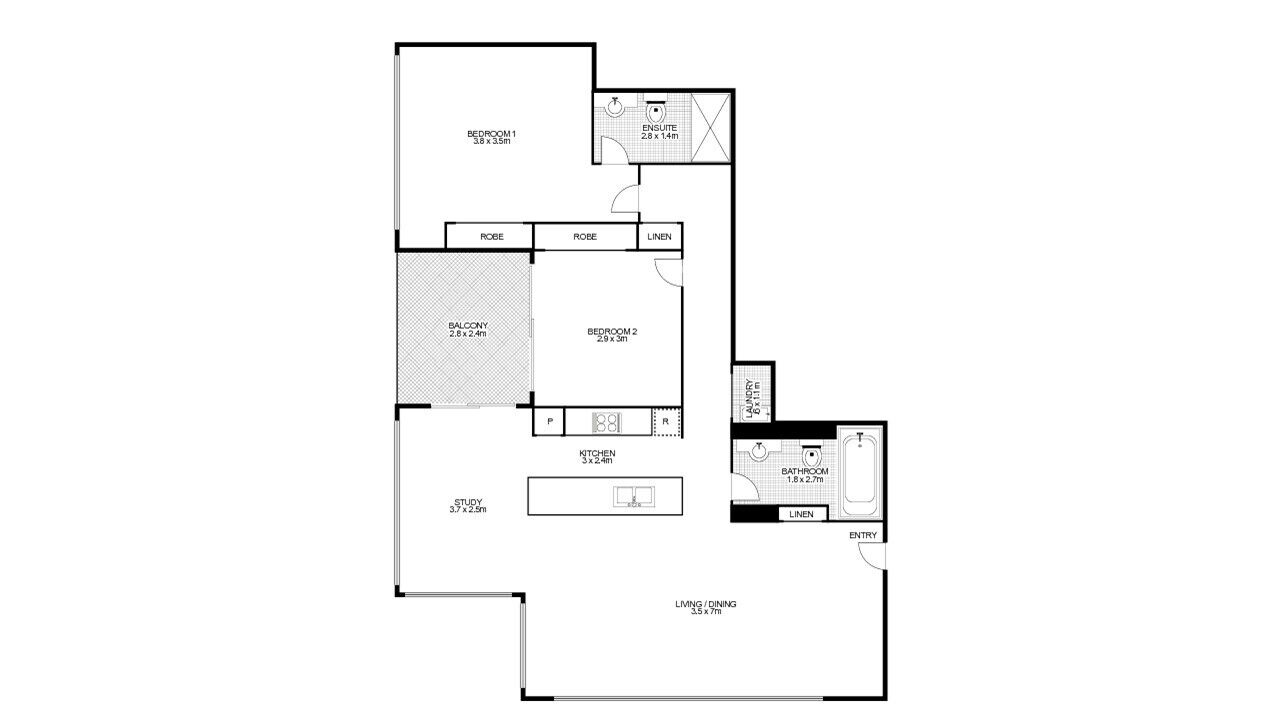 A floor plan of a hotel with two bedrooms, a balcony, a study, a kitchen, a bathroom, a dining area, and an entryway.