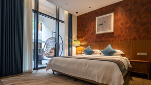 A modern hotel room with a large bed, a wooden headboard, a hanging chair, and a view through a glass door. - Wuyuan Wunvzhou Wuxiandao Luxury Hotel  (Shangrao)