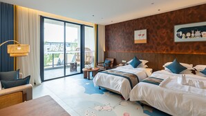 A hotel room with two beds, a balcony, wicker furniture, and a large window. - Wuyuan Wunvzhou Wuxiandao Luxury Hotel  (Shangrao)