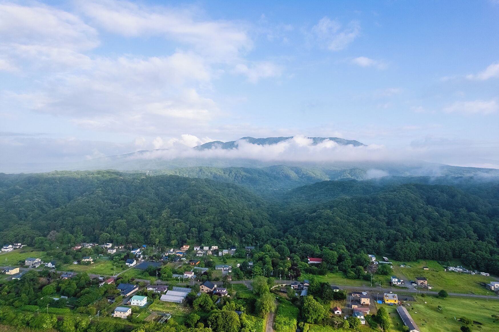 A rural landscape with a small village, houses, and a mountain range in the background.