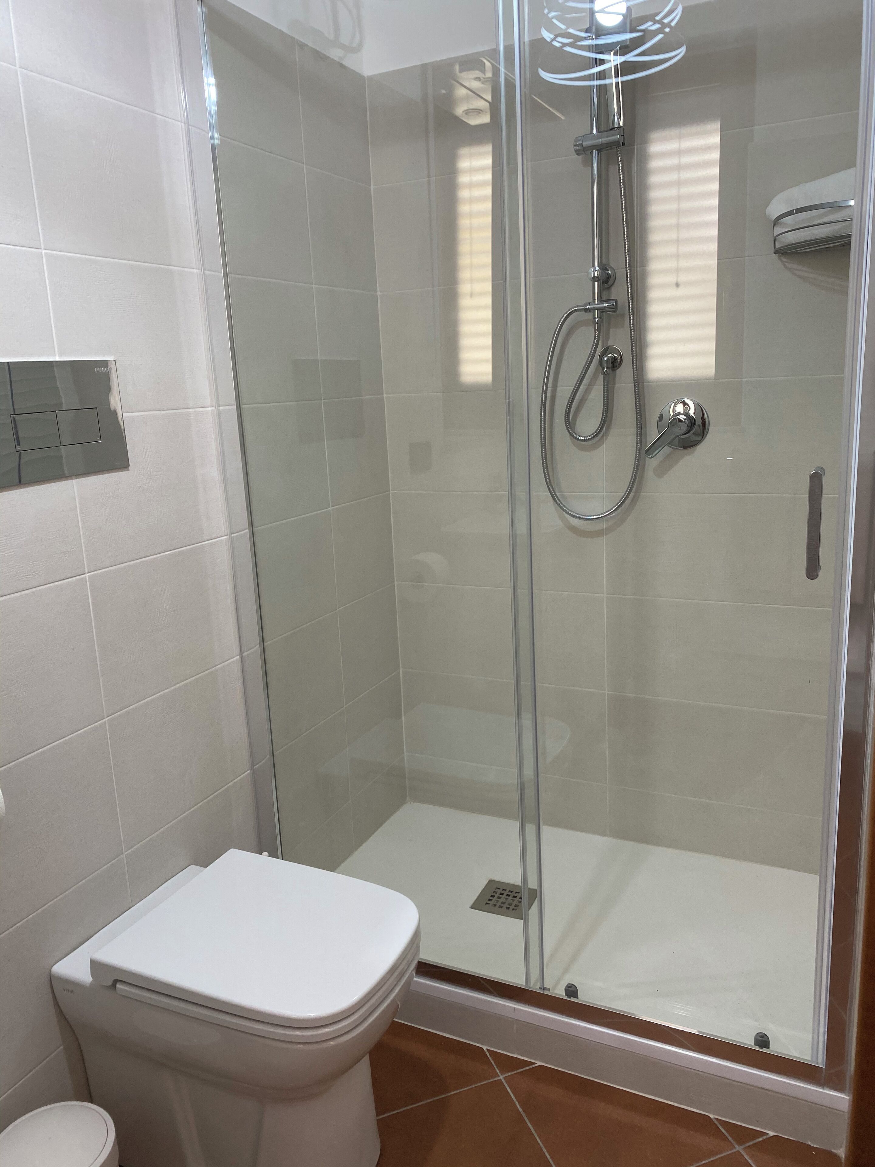 A modern bathroom with a glass-enclosed shower, a white toilet, and a visible shower control panel.