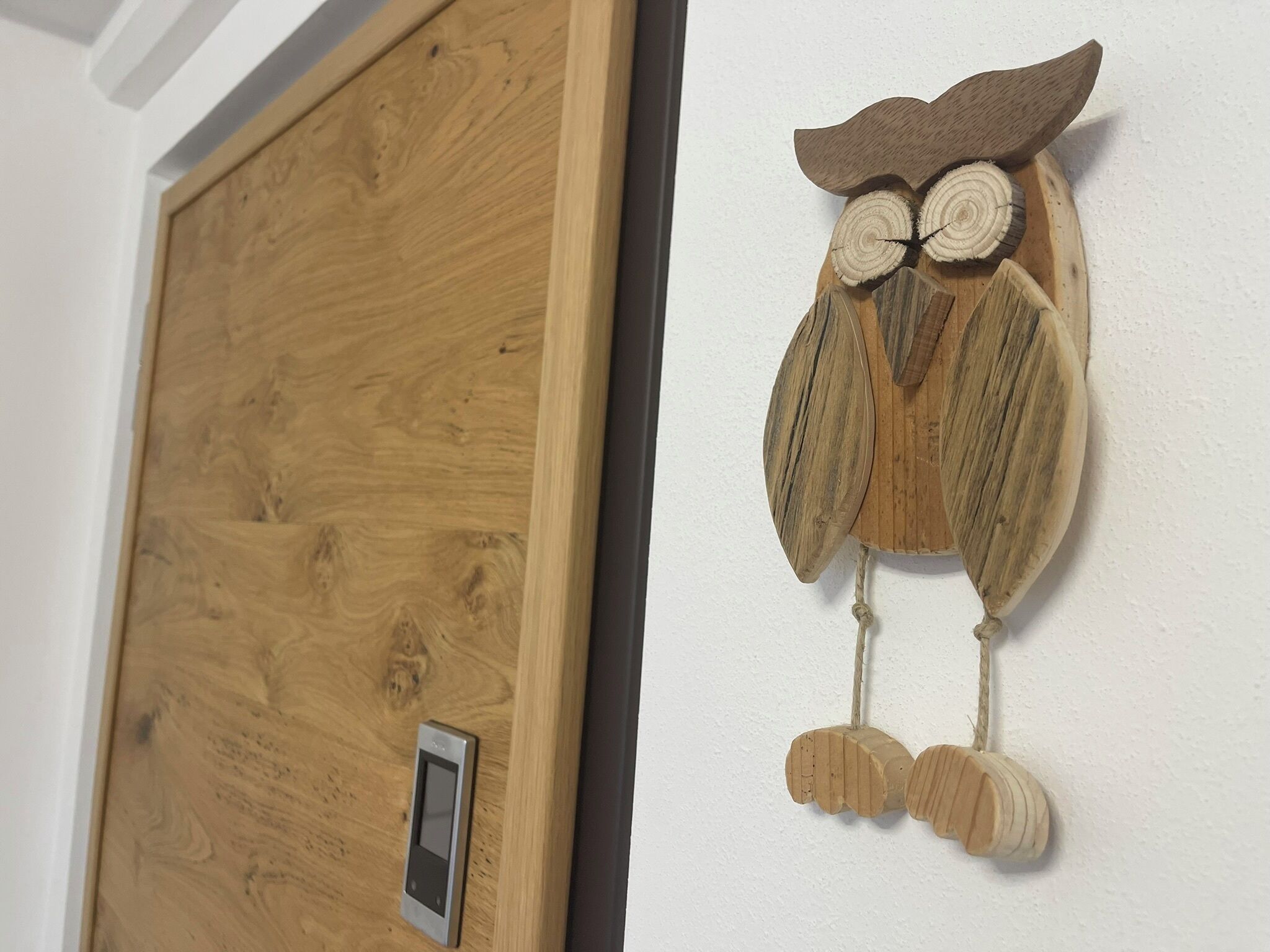 Una puerta de madera con un portero automático incorporado y un adorno de búho de madera en la pared.