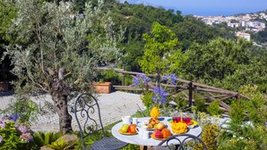 A table set outdoors with a view of a coastal town and olive trees. - AMORE RENTALS - Casa I Giardini di Sorrento with Swimming Pool, Sauna, Sea View (Sorrento)