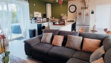 TV connectée, cheminée, livres