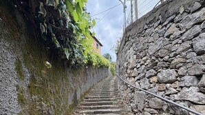 Un escalier en pierre menant au sommet d’une colline, entouré de verdure et bordé d’un mur de pierres.