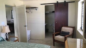 A bedroom with a bed, a chair, a ceiling fan, a closet, and a bathroom visible through an open door.