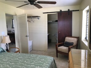 A bedroom with a bed, a chair, a ceiling fan, a closet, and a bathroom visible through an open door.
