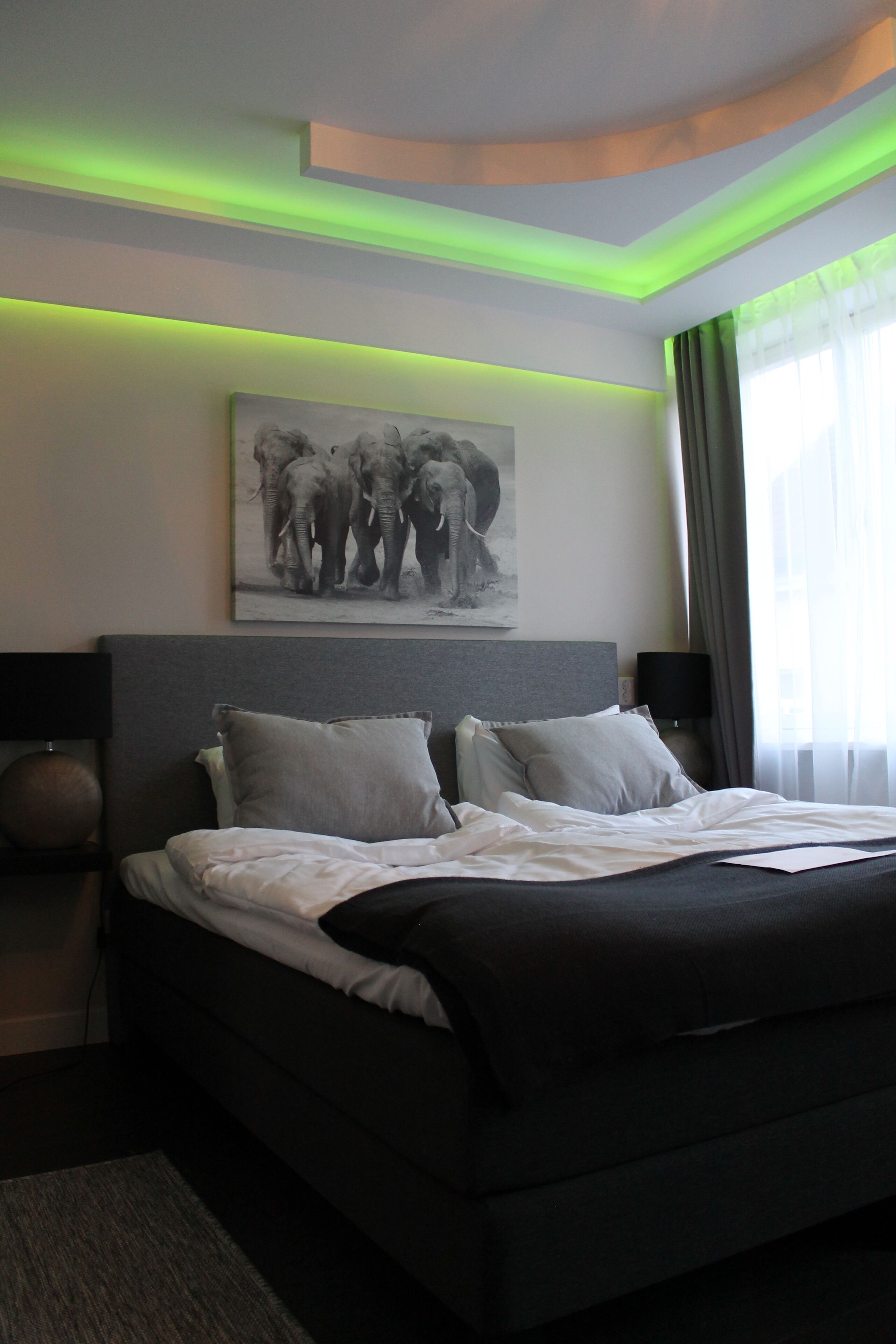 Een moderne hotelkamer met een groot bed, een hoofdbord, een kunstwerk van olifanten aan de muur, en sfeervol groen licht.