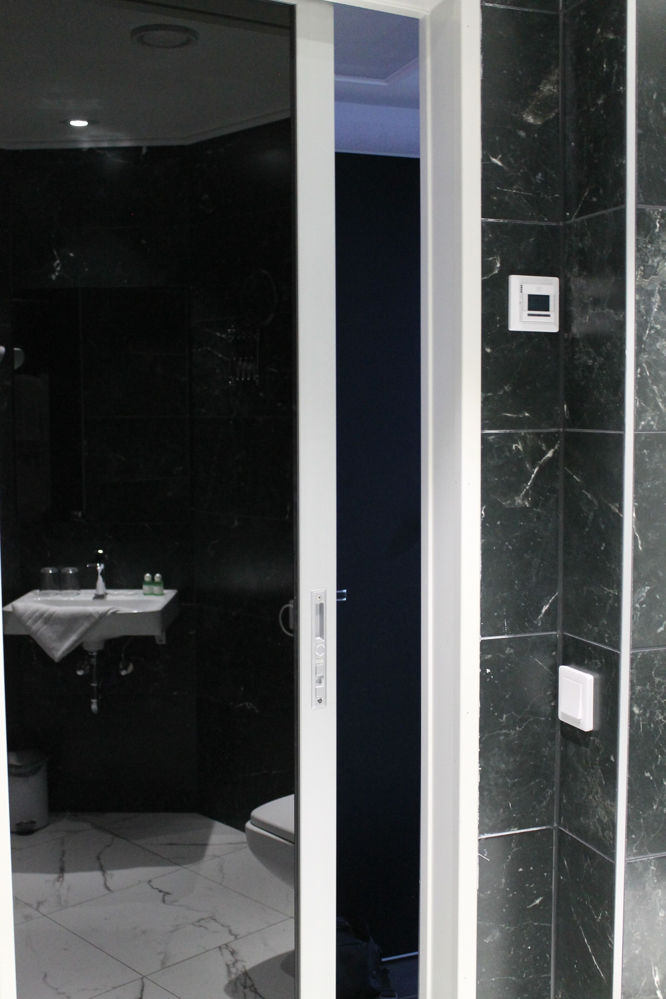 Un baño con pared de mármol oscuro, un lavamanos blanco y un inodoro.
