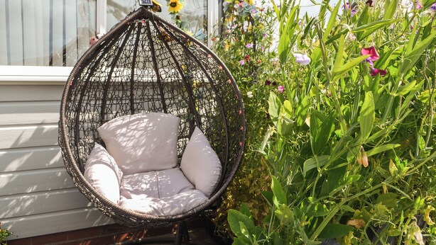 Una silla colgante de mimbre con cojines blancos en un jardín con diversas plantas y flores.