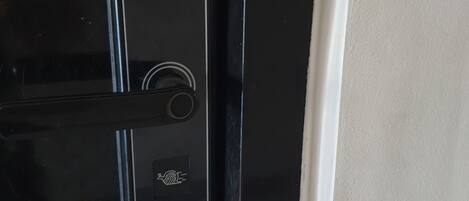 A black door with a keyhole and a fingerprint scanner.