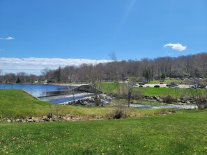 A serene lakeside view with a grassy foreground, a rocky stream, and a forested area in the background.
