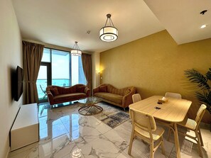Exclusive Apartment | Living area | Smart TV, Netflix, streaming services - Lux BnB I Amna Tower I Sky Line Views (Dubai)