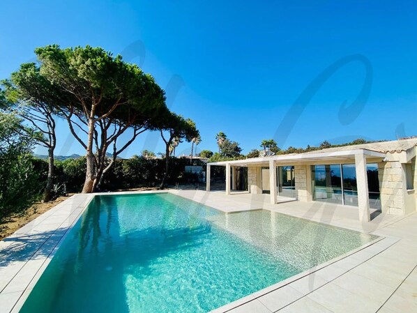 A modern poolside area with a clear pool, a large tree, and a covered outdoor seating area.